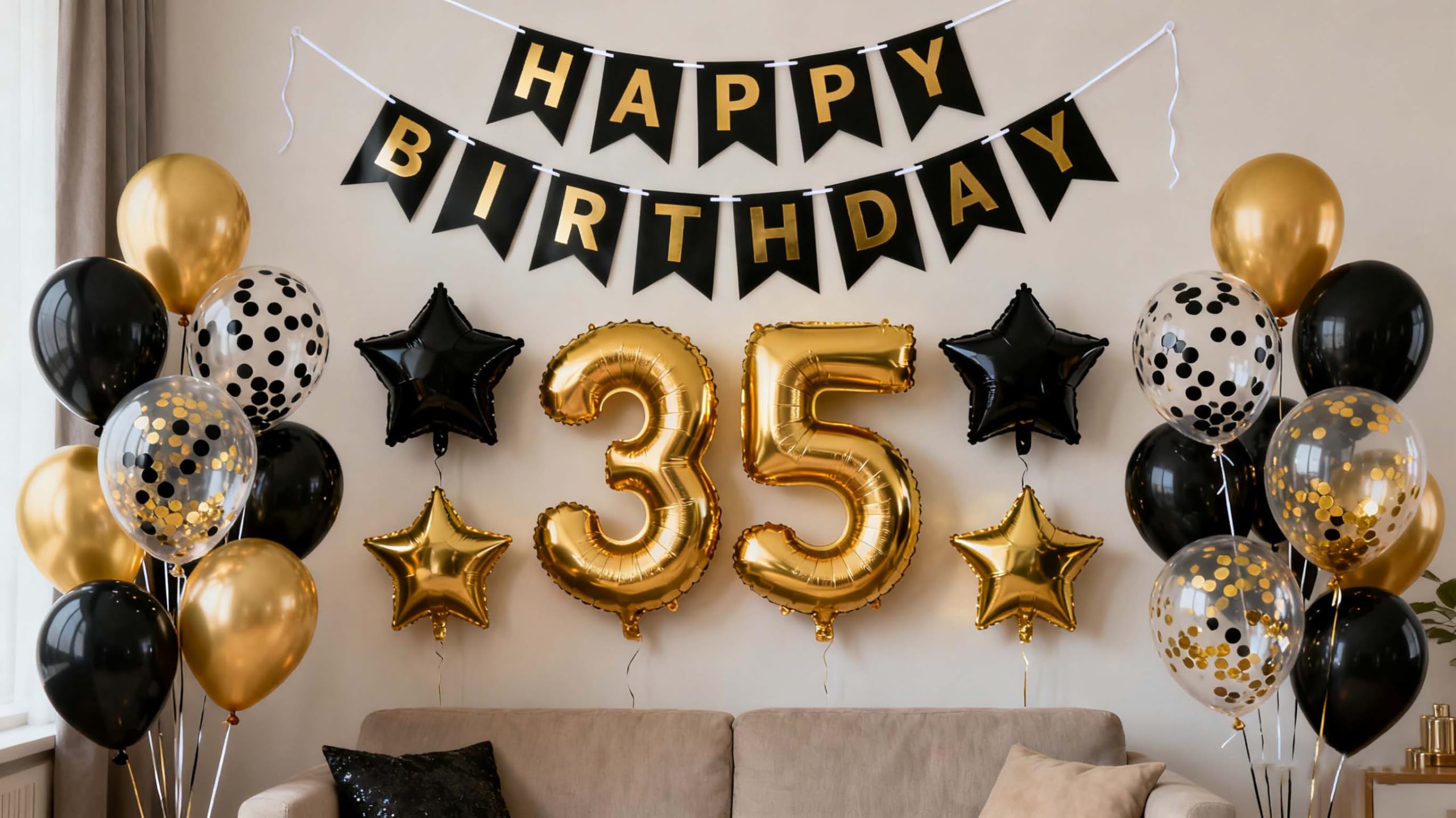 35th Birthday Balloons, Black Gold 35th Birthday Banner Large Foil Stars Confetti Balloons Decorations for Cheers to 35 Years Men Women
