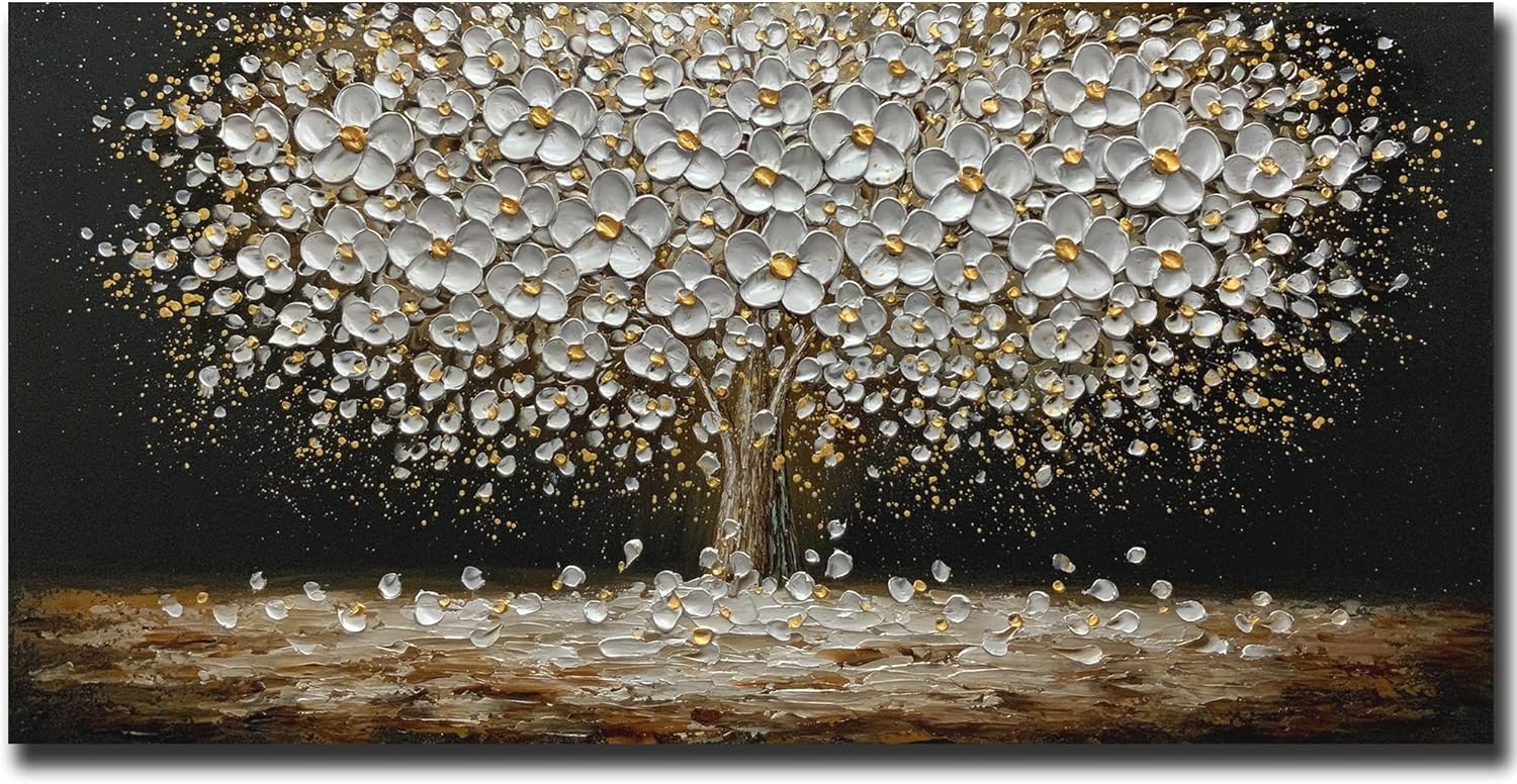 Paintings - Art8YuQi Paintings - Contemporary Abstract Art Oil Painting On Canvas Texture 3D Silver Tree Gary Painting Handmade Artwork Picture Canvas Wall Art Modern Home Decor living room Ready to Hang 24x48inch (Silver)