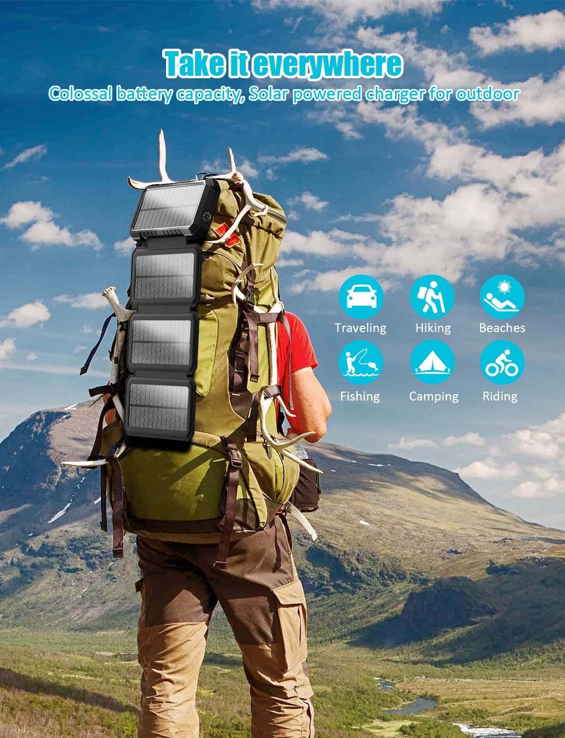 Solar Charger 26800mAh-Power Bank,18W QC3.0 Fast Charger 3A Outdoor External Battery with 4 Solar Panels&Camping Light&Compass&PD USB C for Laptop/iOS&Android Phone Charge: Home Audio & Theater