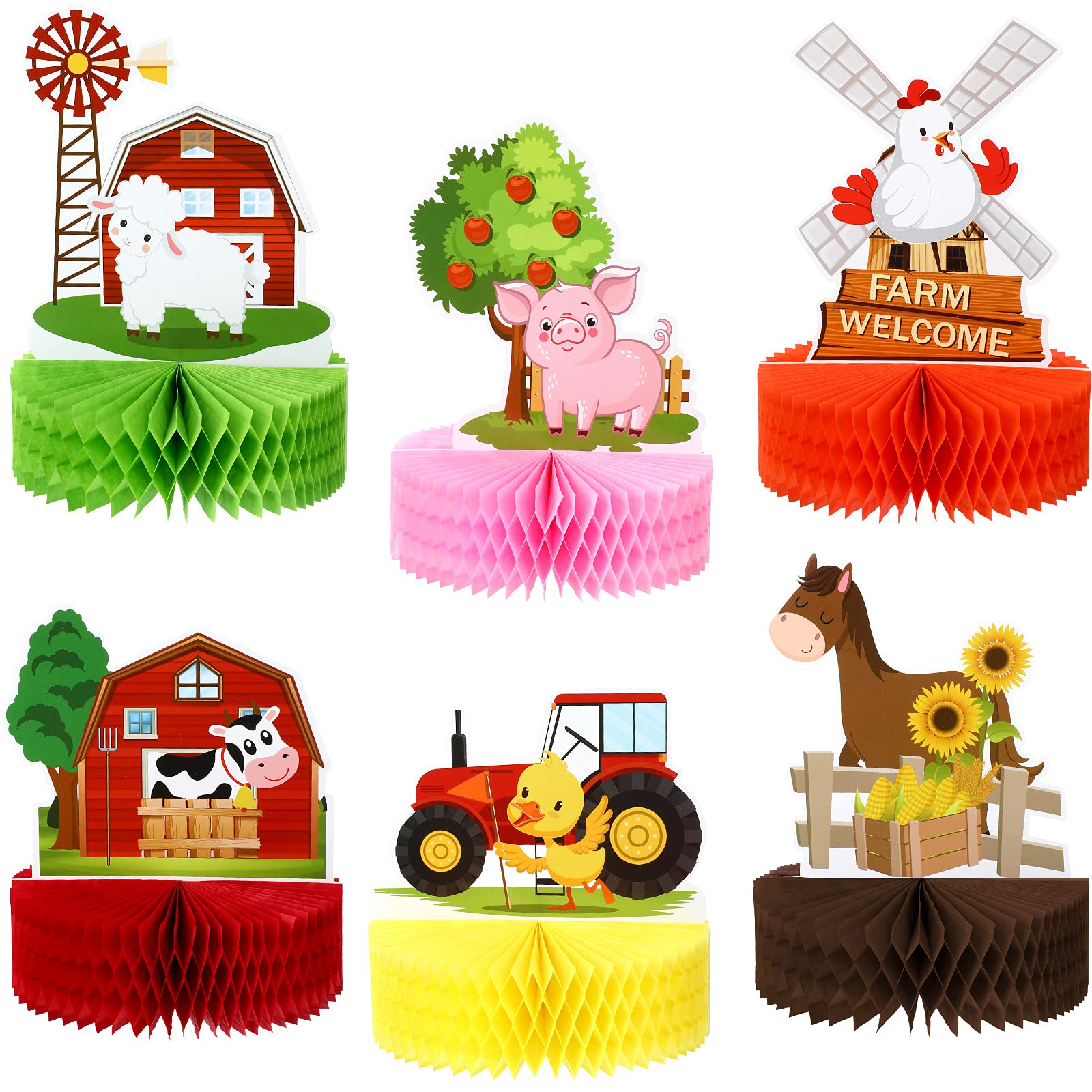 Photo 1 of Threan 6 Pcs Farm Animals Party Decorations Honeycomb Centerpieces Farm Themed Cake Balls Table Toppers Barn, Birthday Party Supplies for 3D Table Decoration Baby Shower