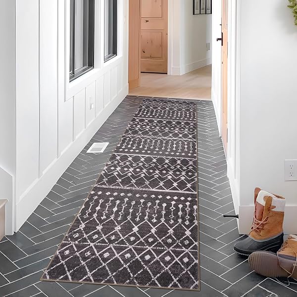 LANSNY HALLWAY RUNNER RUG, BROWN RED WASHABLE RUNNER RUG 2X8 MOROCCAN KITCHEN RUG RUNNER NON SLIP BOHO DISTRESSED THIN SOFT PRINT FAUX WOOL CARPET FOR ENTRYWAY BEDROOM LAUNDRY ROOM INDOOR HOME DECOR
