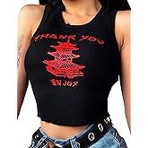 SAFRISIOR Women Sexy Thank You Enjoy Printed Tower Graphic Skinny Slim Streetwear Sleeveless Crop Tank Top