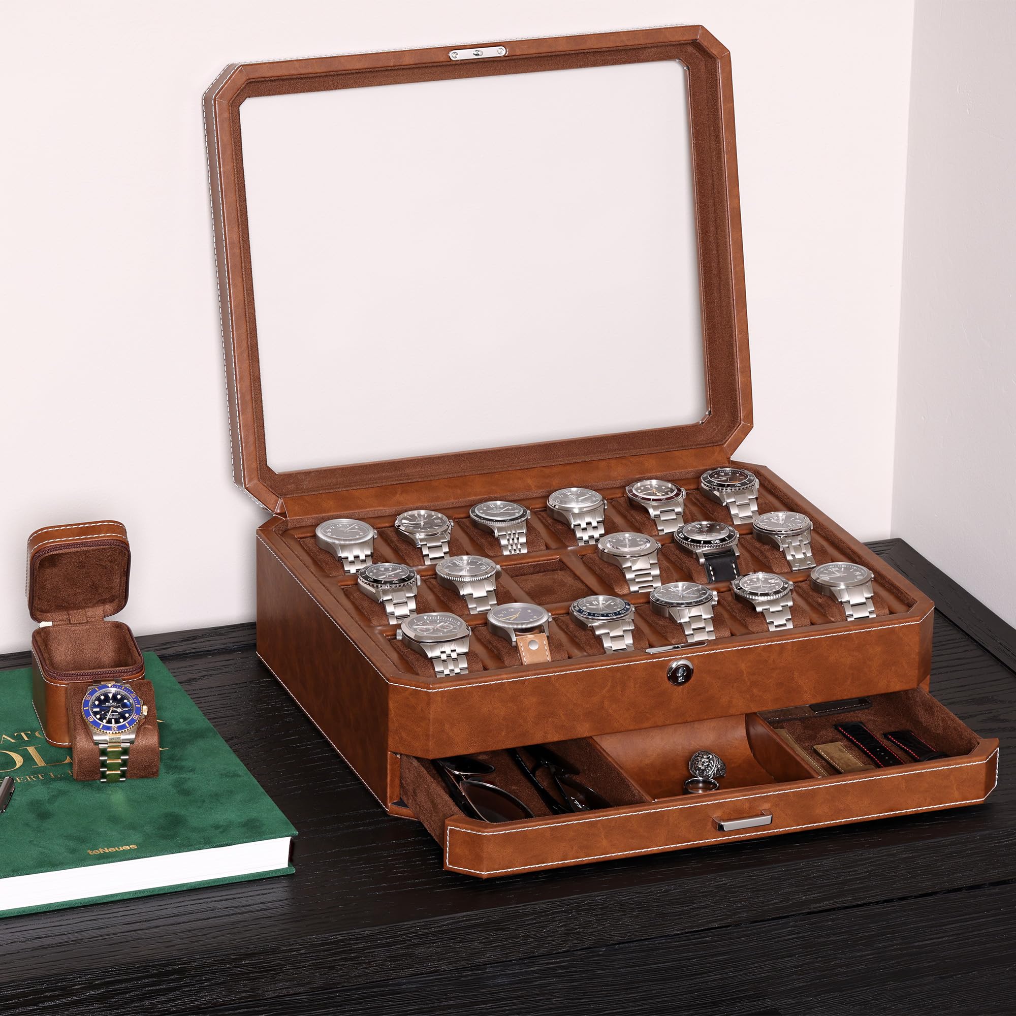 ROTHWELL ROTHWELL 18-Slot Watch Case with Drawer – Luxury Watch Box for Men, Real Glass Top, Lockable, Display Case for Collections (Tan/Brown)