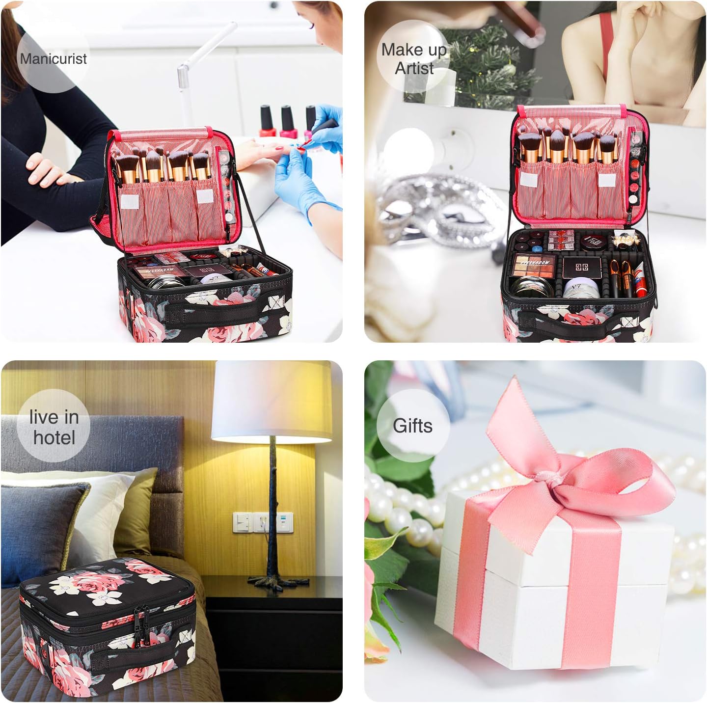 Relavel Travel Makeup Bag 2 Layer Heighten Makeup Train Case Cosmetic Storage and Organizer Box Portable Makeup Carrying Case with Shoulder Strap and Adjustable Dividers (Peony Pattern)