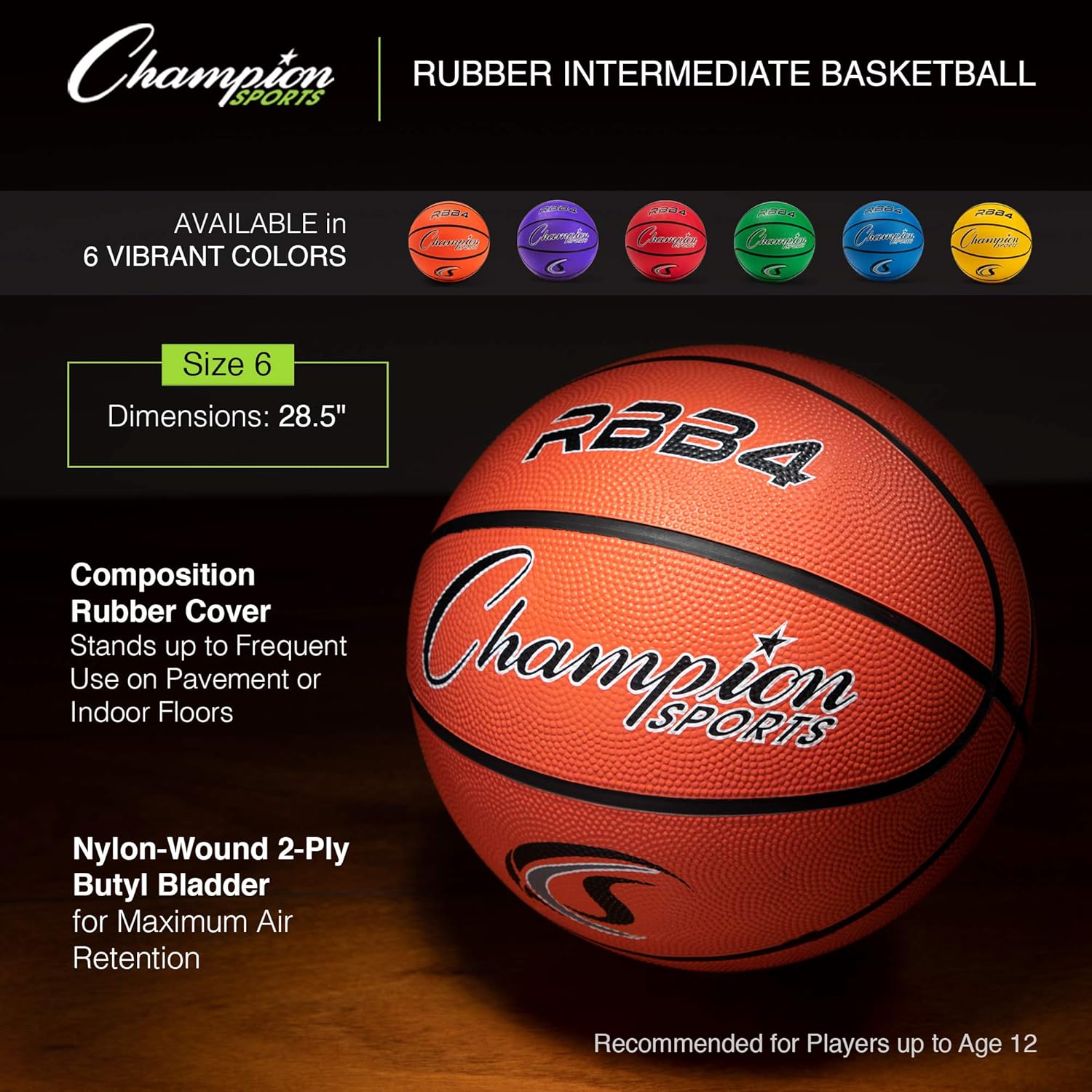 Champion Sports Rubber Intermediate Basketball, Heavy Duty - Pro-Style Basketballs, Various Colors and Sizes - Premium Basketball Equipment, Indoor Outdoor - Sports Education Supplies (Size 6, Red) : Womens Sized Basketballs : Sports & Outdoors