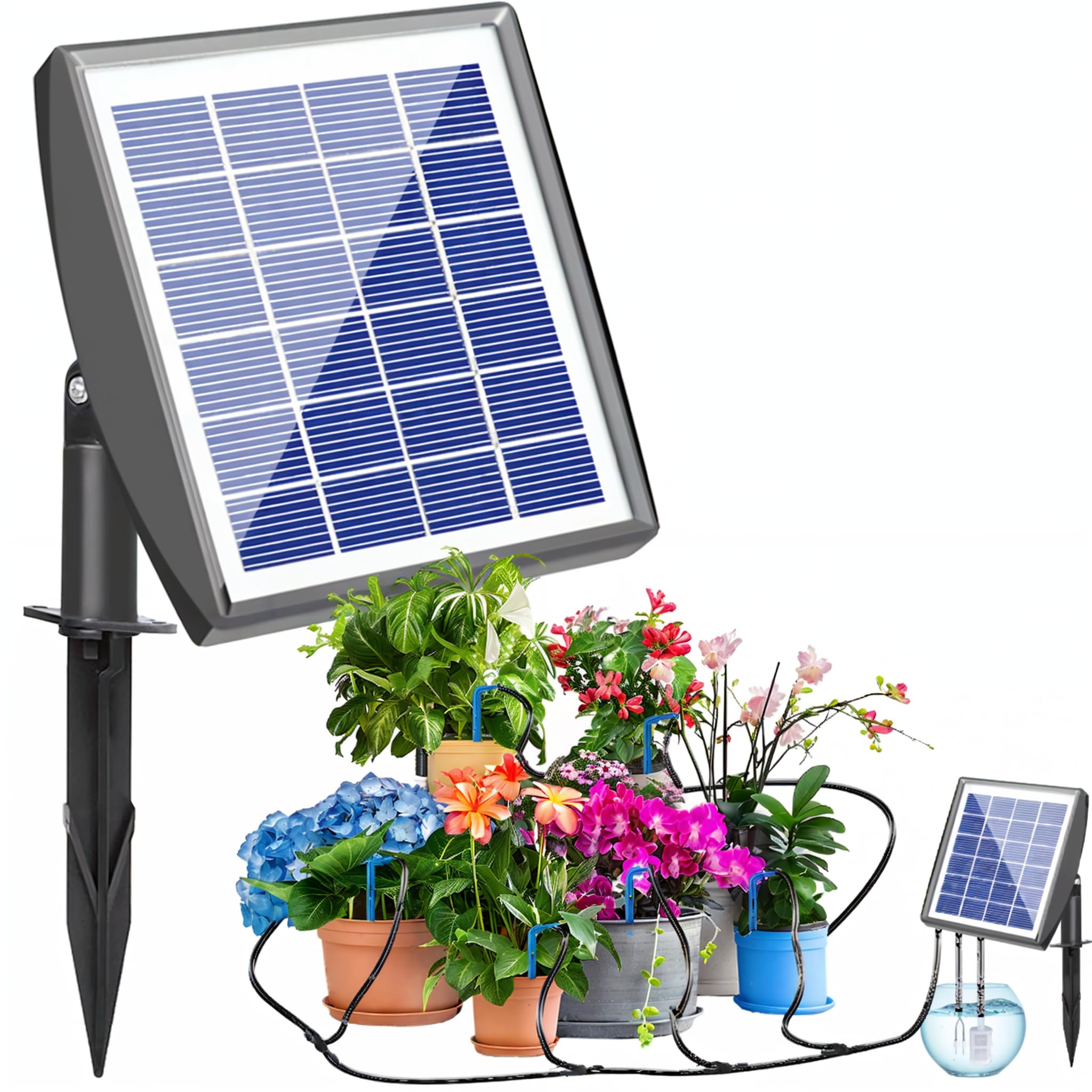 RISINGUP 49FT Solar Drip Irrigation System, Auto Plant Watering Kit with Anti-Siphoning Device 750ml/min Flow with 2200mAh Battery, for 15 Potted Plants Outdoor Garden, Patio, Balcony, Greenhouse
