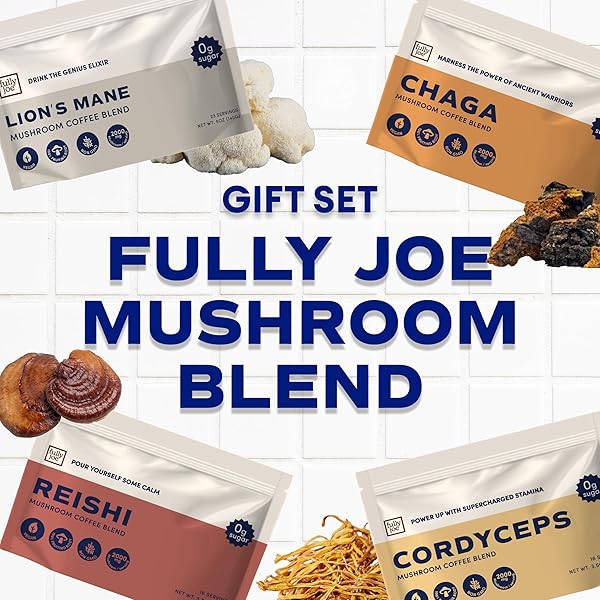 FULLY JOE MUSHROOM COFFEE GIFT SET WITH SUPERFOOD MUSHROOMS, INCLUDES LION’S MANE, REISHI, CHAGA, CORDYCEPS MIXED WITH GOURMET ARABICA INSTANT IMMUNE BOOSTING COFFEE FOR FOCUS & GUT HEALTH