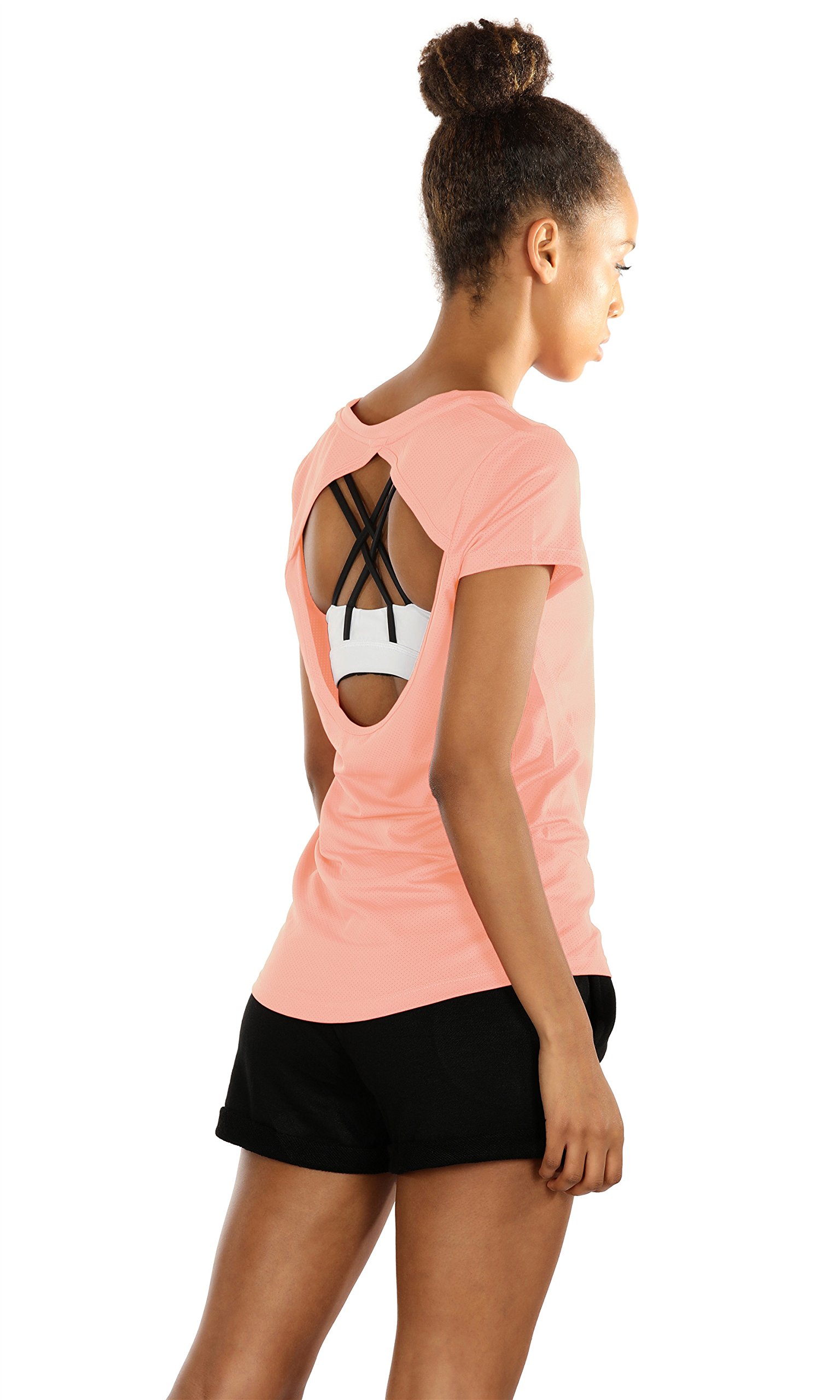 icyZone Activewear Fitness Yoga Tops Workout V Neck Open Back T-Shirts for Women (L, Pale Blush)