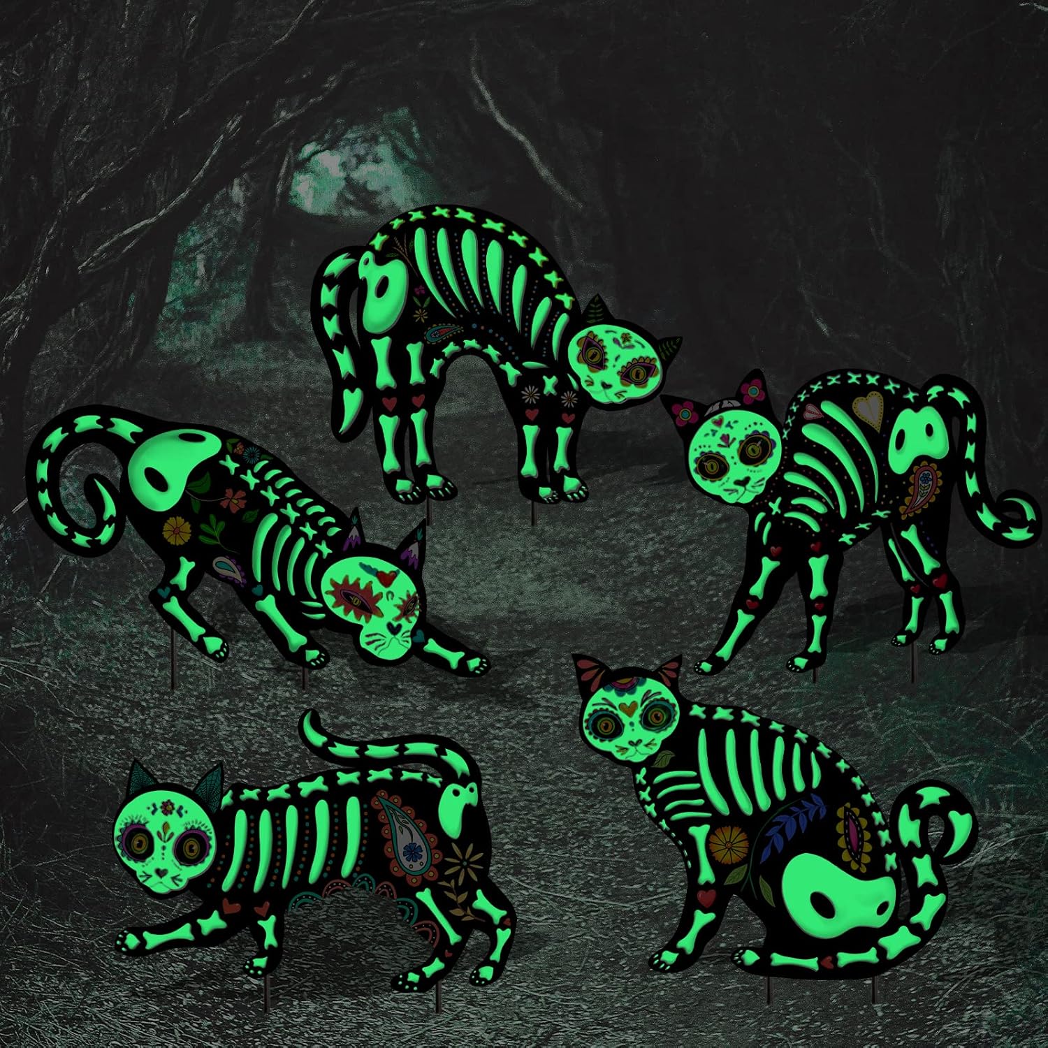 Yard Signs - 5Pcs Halloween Decorations Outdoor Cat Yard Signs Glow in the Dark Cat Skeleton Yard Sign with Stakes for Spooky Halloween Yard lawn Patio Garden Day of The Dead Decoration Supplies