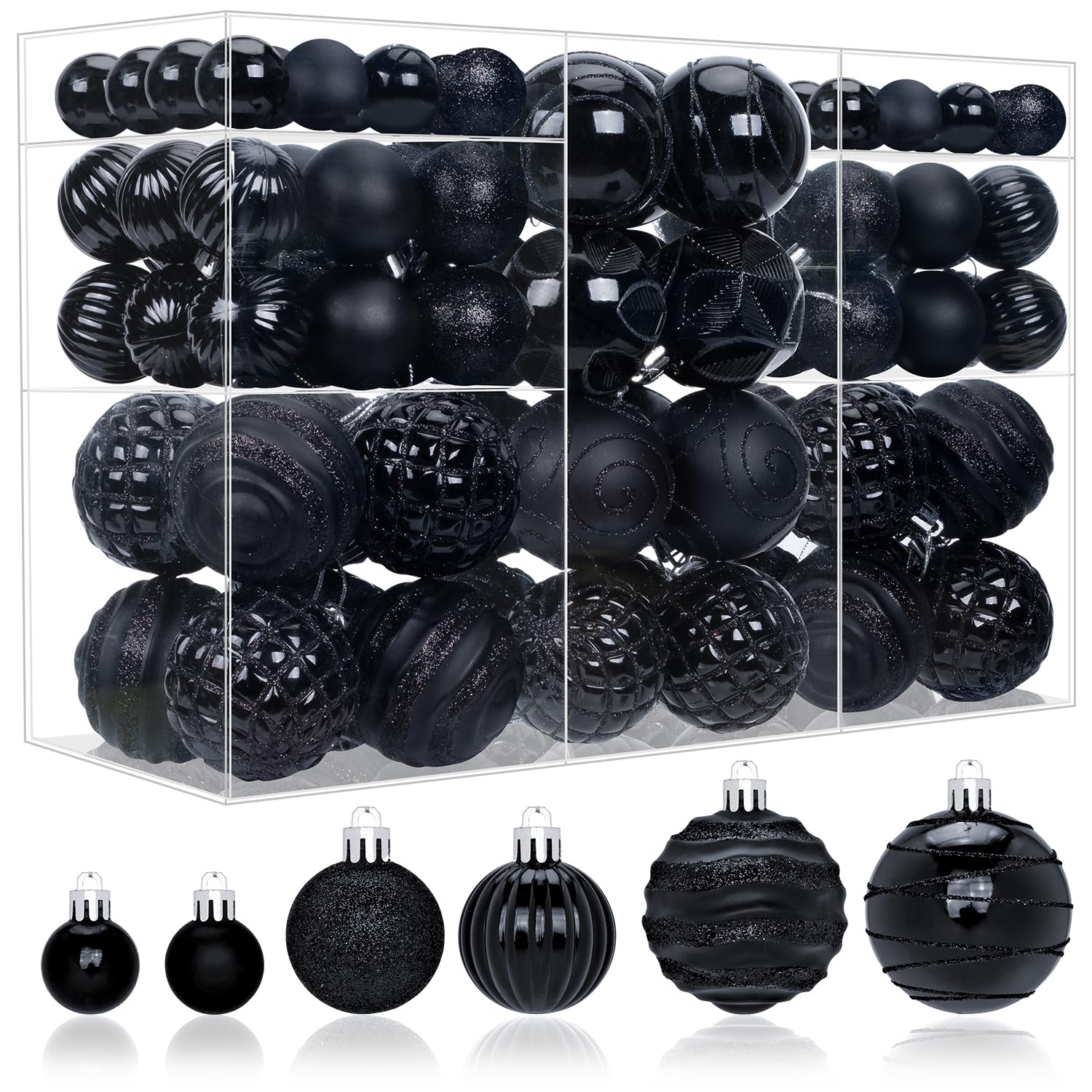 View 1 of 100ct Christmas Ball Ornaments Set, Black Xmas Tree Decoration, Shatterproof Decorative Hanging Balls with Loop for Christmas Party Holiday Wreath Garland Home Decor