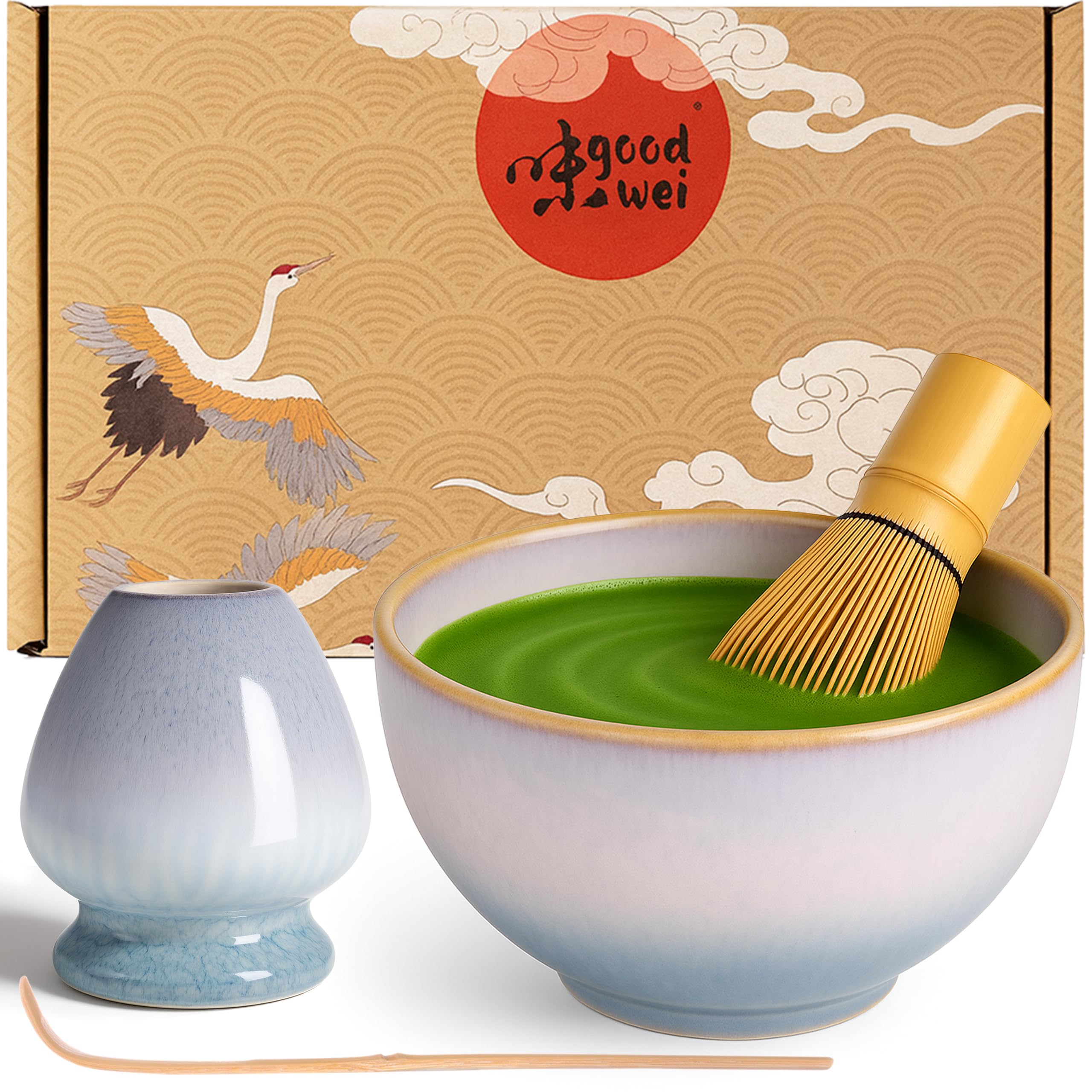 Goodwei Matcha Set with Matcha Whisk, Spoon and Ceramic Matcha Bowl with Whisk Holder in Matching Design | Artisanal Matcha Tea Bowl Chawan | Gift Set (Moya, 80)
