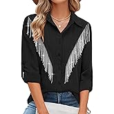 MYMORE Womens Sparkly Fringe Button Down Shirt Rolled 3/4 Sleeve Top Country Concert Nashville Western Cowgirl Outfit