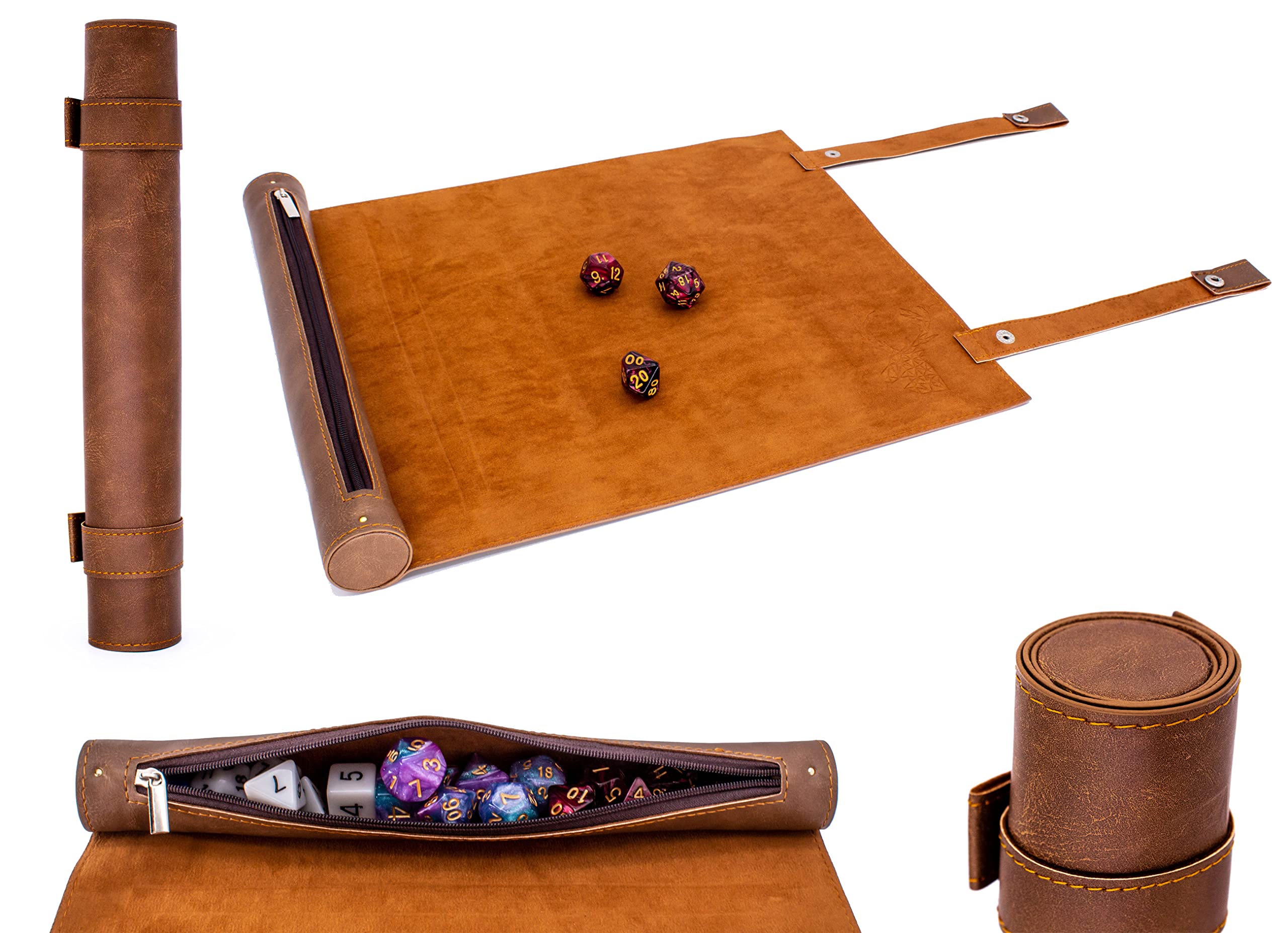 LORE professional Scroll Style Dice Mat for Pen and Paper Dice Games such as DND, Cthulhu, DSA - Rollable with Dice Compartment and Snap Closure (Vegan Leather, Brown, Rolling Mat as Dice Mat)