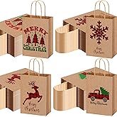Yeaqee 100 Pcs Christmas Kraft Gift Bags Bulk Xmas Holiday Paper Gift Bags with Handle Plaid Candy Treat Party Favor Bag for Christmas New Year Presents Wrapping Party Favor Supplies Decor