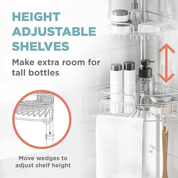 ZENNA HOME TENSION POLE SHOWER CADDY CORNER ORGANIZER, ADJUSTABLE STANDING SHOWER CADDY WITH 4 BASKETS AND BUILT IN TOWEL BAR, RUST RESISTANT BATHROOM TENSION ROD ORGANIZER, 60 TO 97 INCH, CHROME