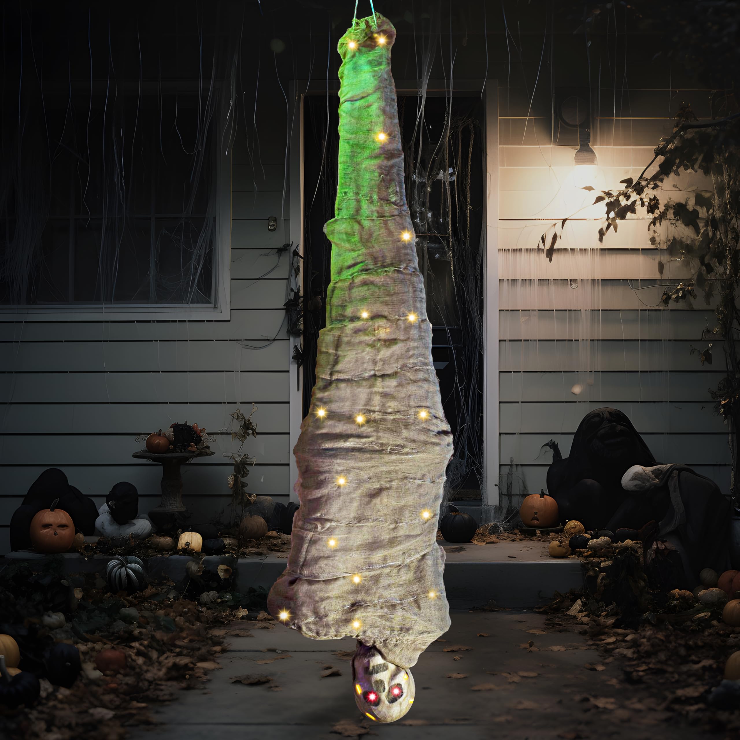 Photo 1 of JOYIN 65" Halloween Decoration Cocoon Corpse, Animated Hanging Dead Body Prop Indoor Decor, Corpses Skeleton Outdoor Decor with Full Body Lights and LED Eyes & Spooky Sound for Yard, Haunted House