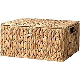StorageWorks Large Water Hyacinth Baskets for Organizing, Wicker Basket with Lid for Shelves, Storage Basket with Lid and Built-in Handles, 1 Pack