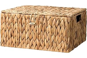 StorageWorks Large Water Hyacinth Baskets for Organizing, Wicker Storage Basket with Lid and Built-in Handles for Shelves, 1 