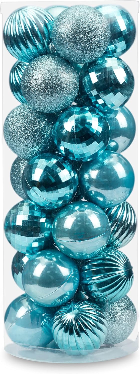 Ornaments - AUXO-FUN 28ct shatterproof Christmas Ball Ornaments in 4 Classic finishes for Christmas Tree Decoration (2.36“ Regular Size, Light Blue)