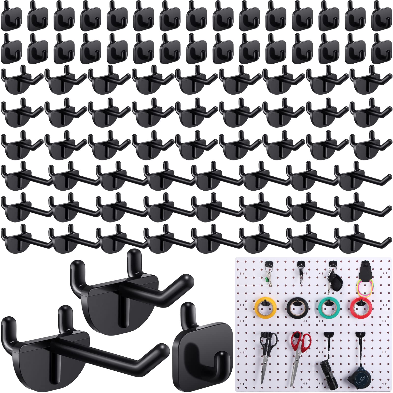 Photo 1 of 84 Pcs Pegboard Hooks Plastic Straight Hook Fits 1/4" Pegboards Accessories Multiple Size Peg Board Hooks for Craft Storage Tool Room Kitchen Garage Organizer Tools Display (Black)