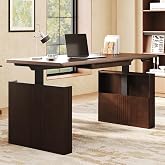FLEXISPOT 63" WoodiX Solid Wood Executive Standing Desk with Drawer, Walnut | Dual-Motor Lift, 220 LBS Capacity, Fluted H-Frame Base, Integrated Cable Management &amp; Power Outlet, Mid-Century Modern Design