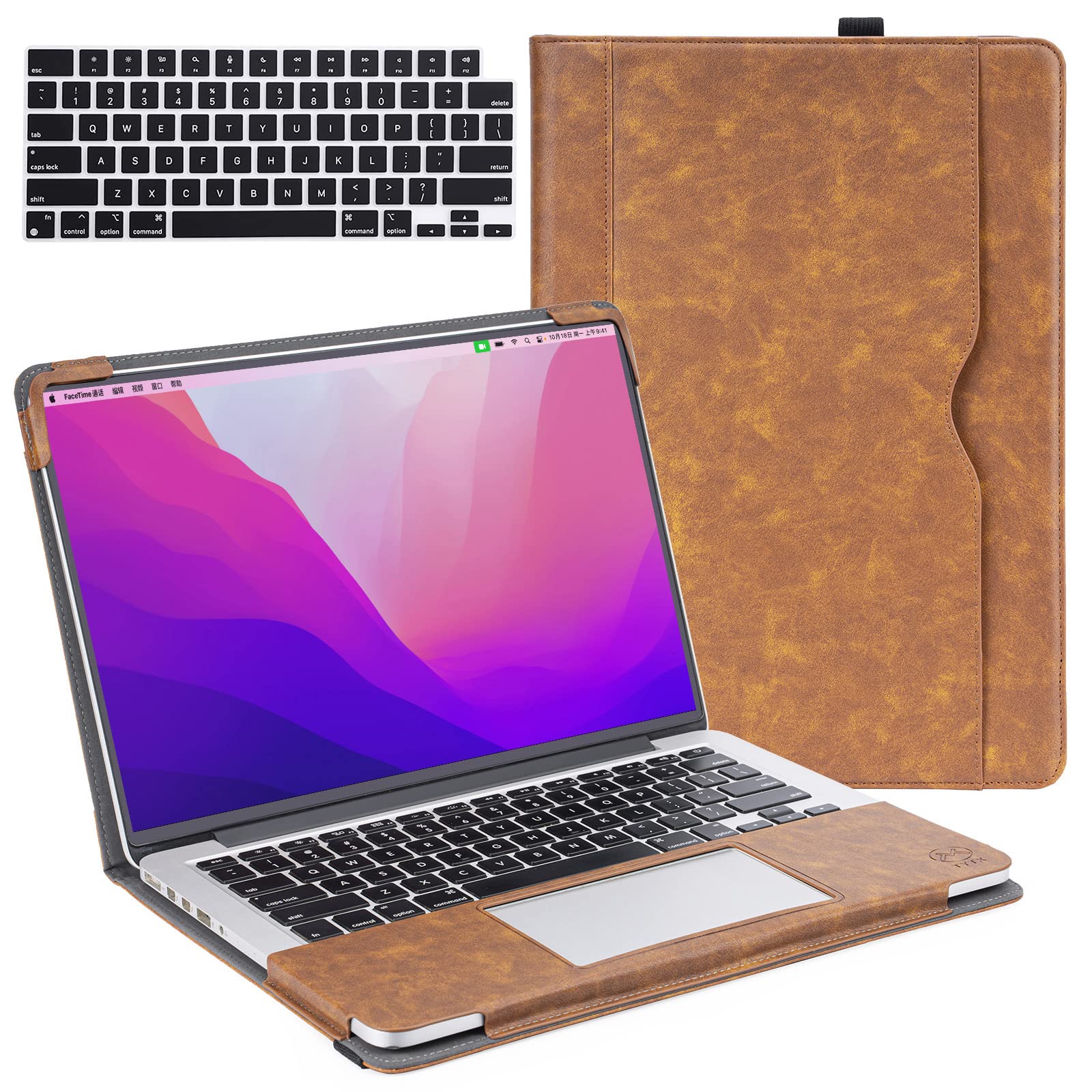 TYTX Compatible With MacBook Pro 14 Inch Leather Case Folio Book 2023 2022 2021 A2779 M2 A2442 M1 Pro / M1 Max, Protective Laptop Cover With Keyboard Cover, Brown