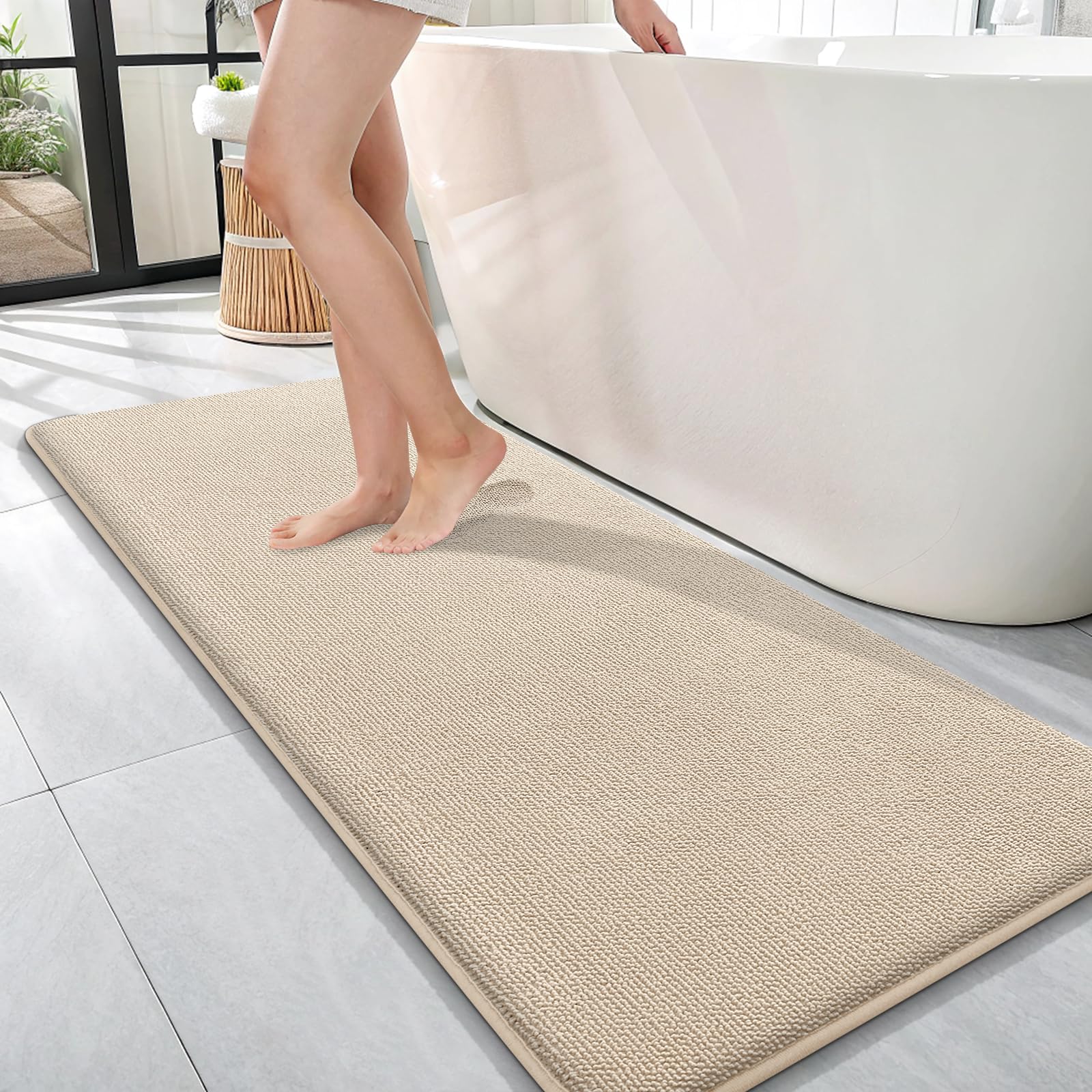 Photo 1 of OLANLY Thick Memory Foam Bath Mat Rug 47x17, Extra Soft Absorbent Bathroom Rug, Quick Dry Bath Mats, Non-Slip, Machine Washable Carpet for Bathroom, Tub and Shower, Home Decor Accessories, Beige