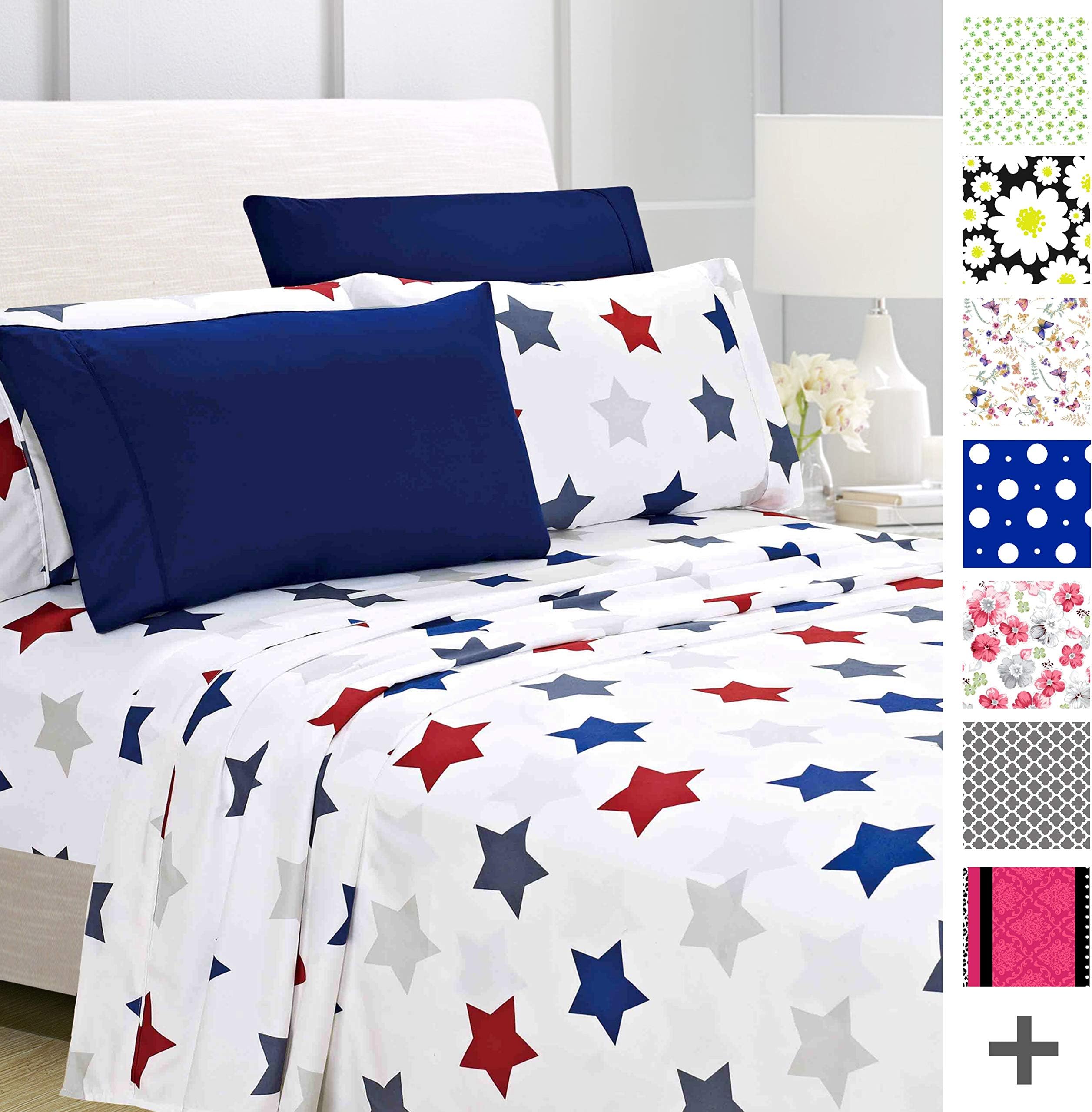 American Home Collection 6 Piece Bed Sheet Set Super Soft Brushed Microfiber - 14" Deep Pocket - Wrinkle Resistant - Hypoallergenic (Queen, Union Stars)