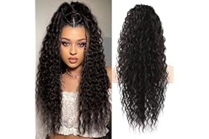 Flufymooz Ponytail Extension, 26 Inch Bohemian Style Drawstring Ponytail Hair Extensions for Women, Long Curly Wavy Ponytail Natural Synthetic Hairpiece for Women (26 Inch Black Brown)