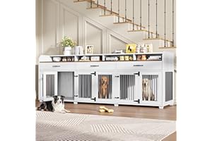 Jocisland 95" Large Dog Crate Furniture with Storage, 3-Room Indoor Wooden Dog Kennel for Large/Medium Dogs, TV Stand & Sideb
