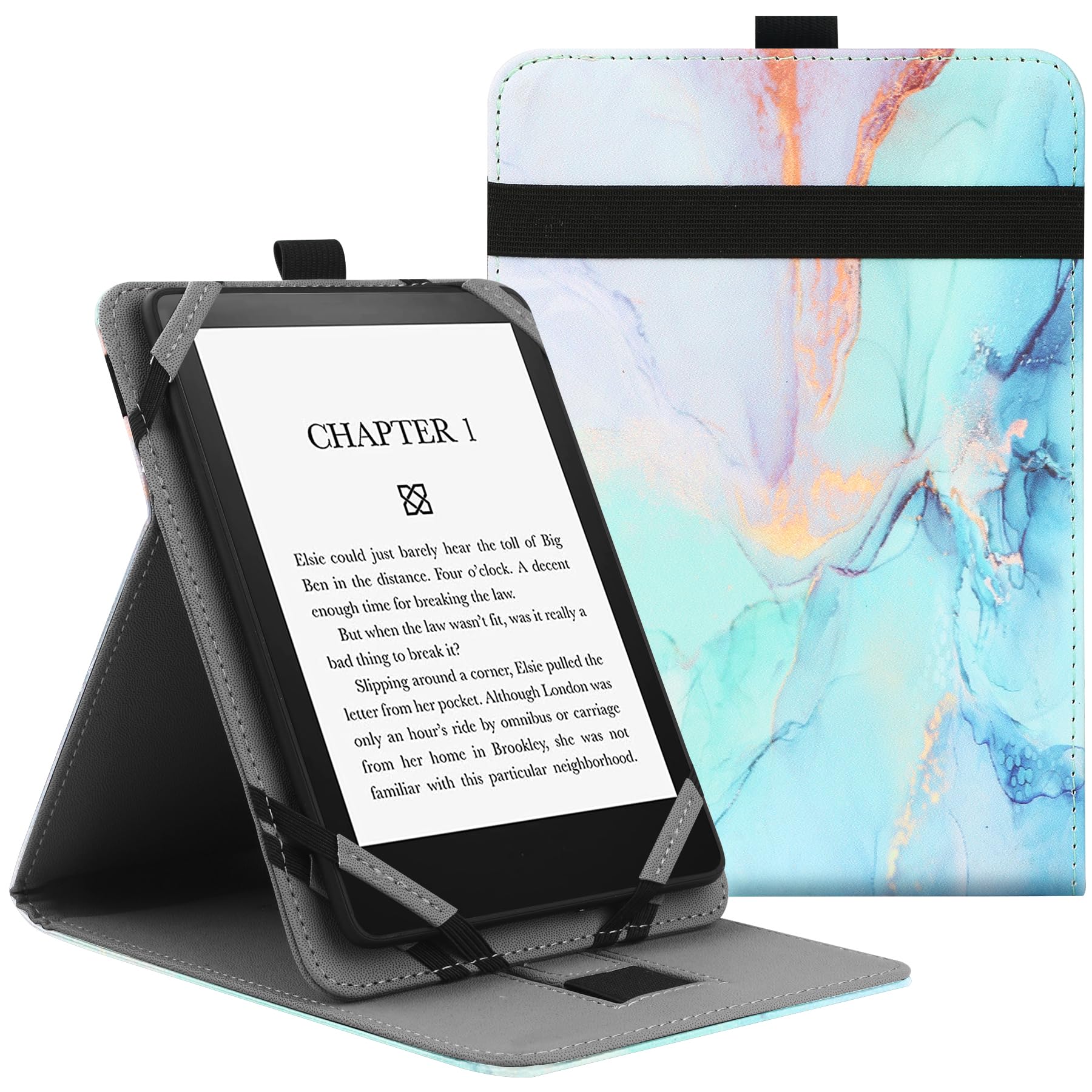 VOVIPO Universal Protective Case for 6" 6.8" 7" kindle paperwhite eReaders, Folio Stand Cover with Handstrap Compatible with kindle paperwhite/Kobo/Pocketook/Sony 6/6.8/7 inch-Marble Blue