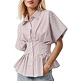 Soamat Womens Striped Shirts Button Down Short Sleeve Pleated Peplum Blouses Dressy Casual Lapel Tops Summer Business Shirt