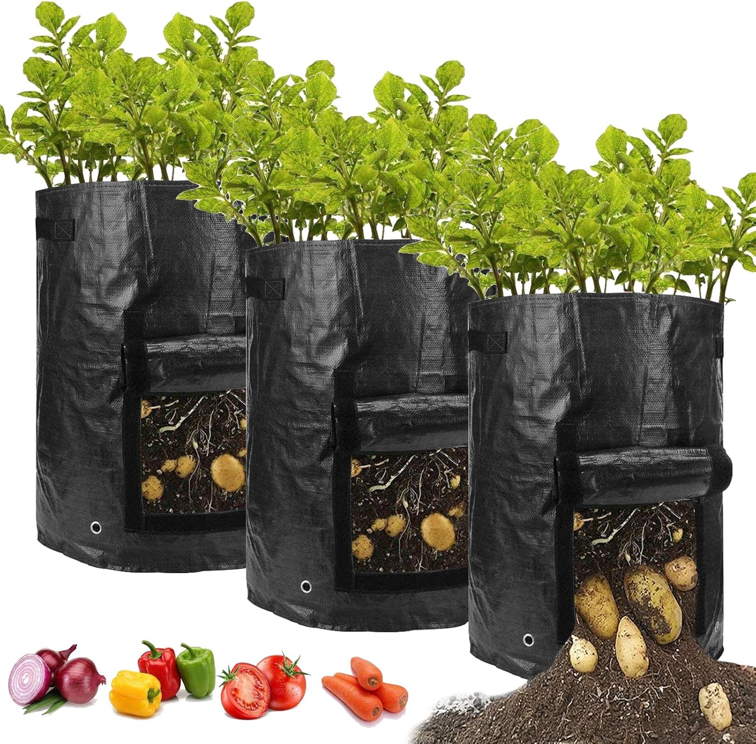 HURRIKANE 7 Gallon Potato Grow Bags, Planting Pots with Two SidesVelcro Windows and Durable Handles, Reusable Washable Grow Pots Waterproof, Smart Pots for Vegetable/Garden(3 Pack/Black) : Garden & Outdoor