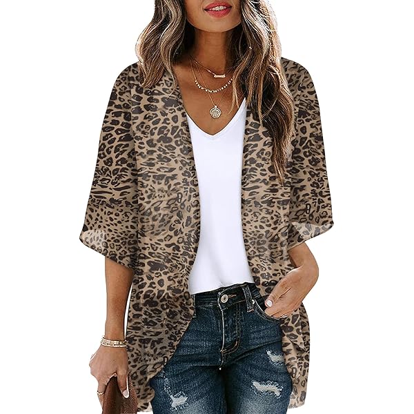 Jsaierl Women's Floral Print Puff Sleeve Kimono Cardigan Loose Chiffon Cover Up Casual Blouse Tops - View #6