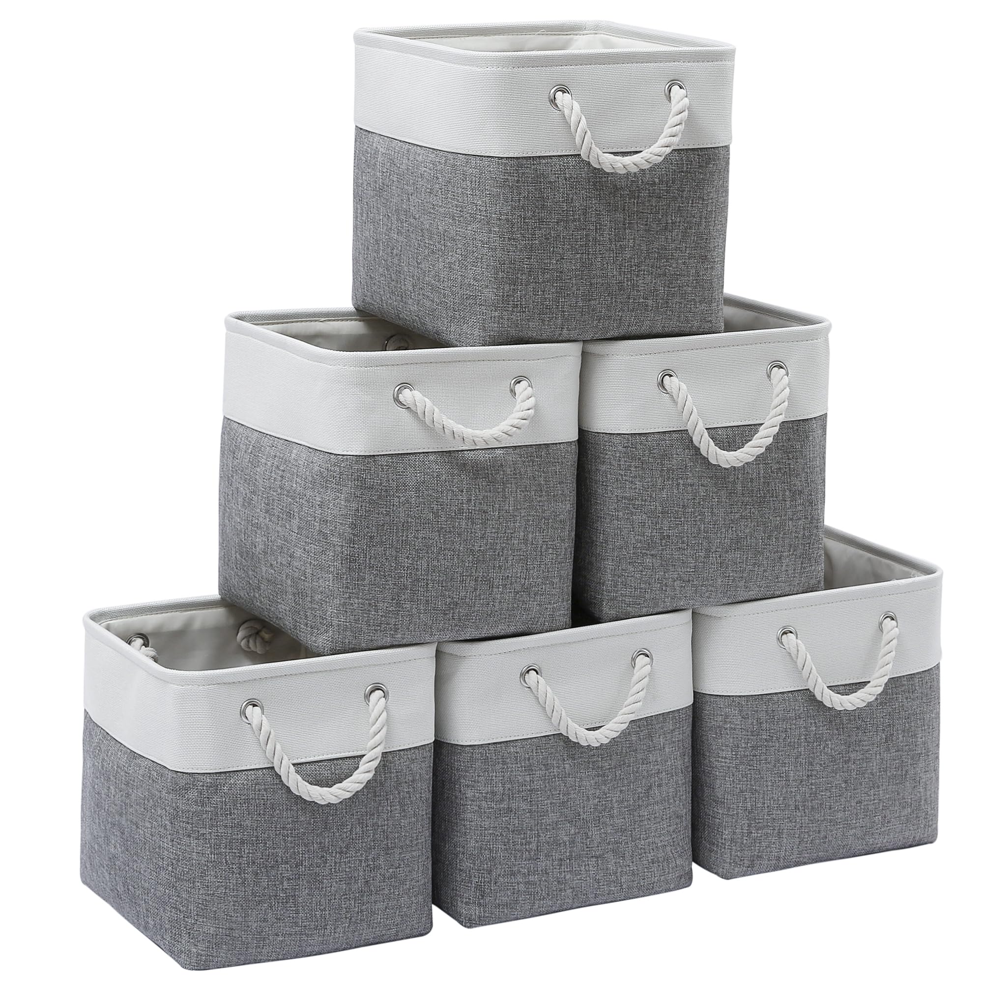 Photo 1 of ISEMINGLA 11 x 11 Inch Storage Cubes, 6 Pack Large Collapsible Fabric Storage Bin with Ropes, Foldable Storage Cubes for Home, Office,Closet, Clothes, Toys Organizer (White&Gray)