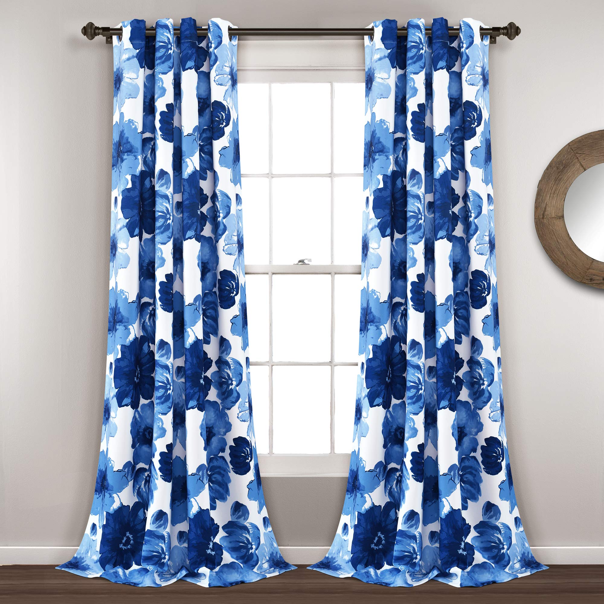 Lush Decor Leah Light Filtering Window Curtain Panel Pair Floral Insulated Grommet, 52" W x 84" L, Navy and White — image 1