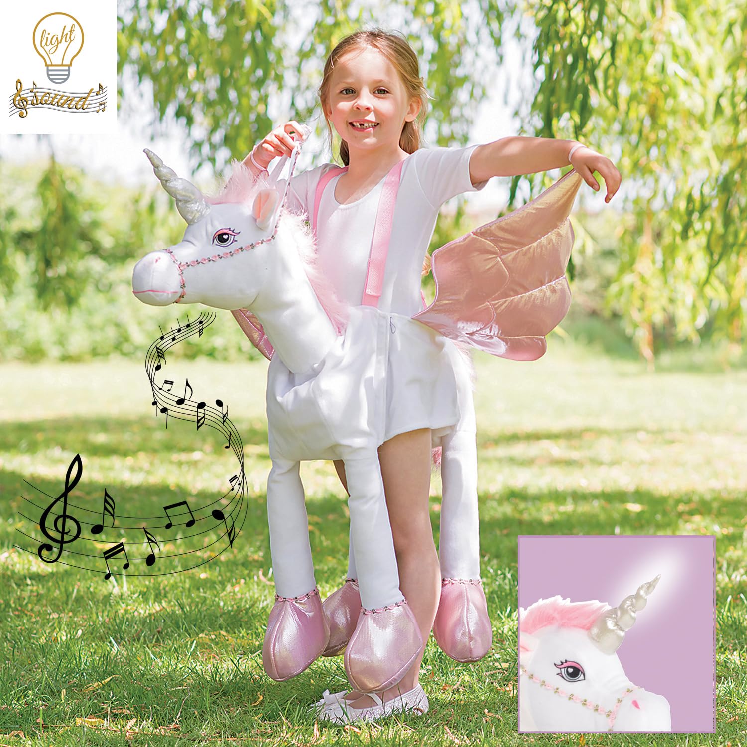 amscan RUNI-LS Child Girls Ride On Unicorn Lights and Sound Jumpsuit Boys Halloween Fancy Dress Costume Age: 3-8 Years
