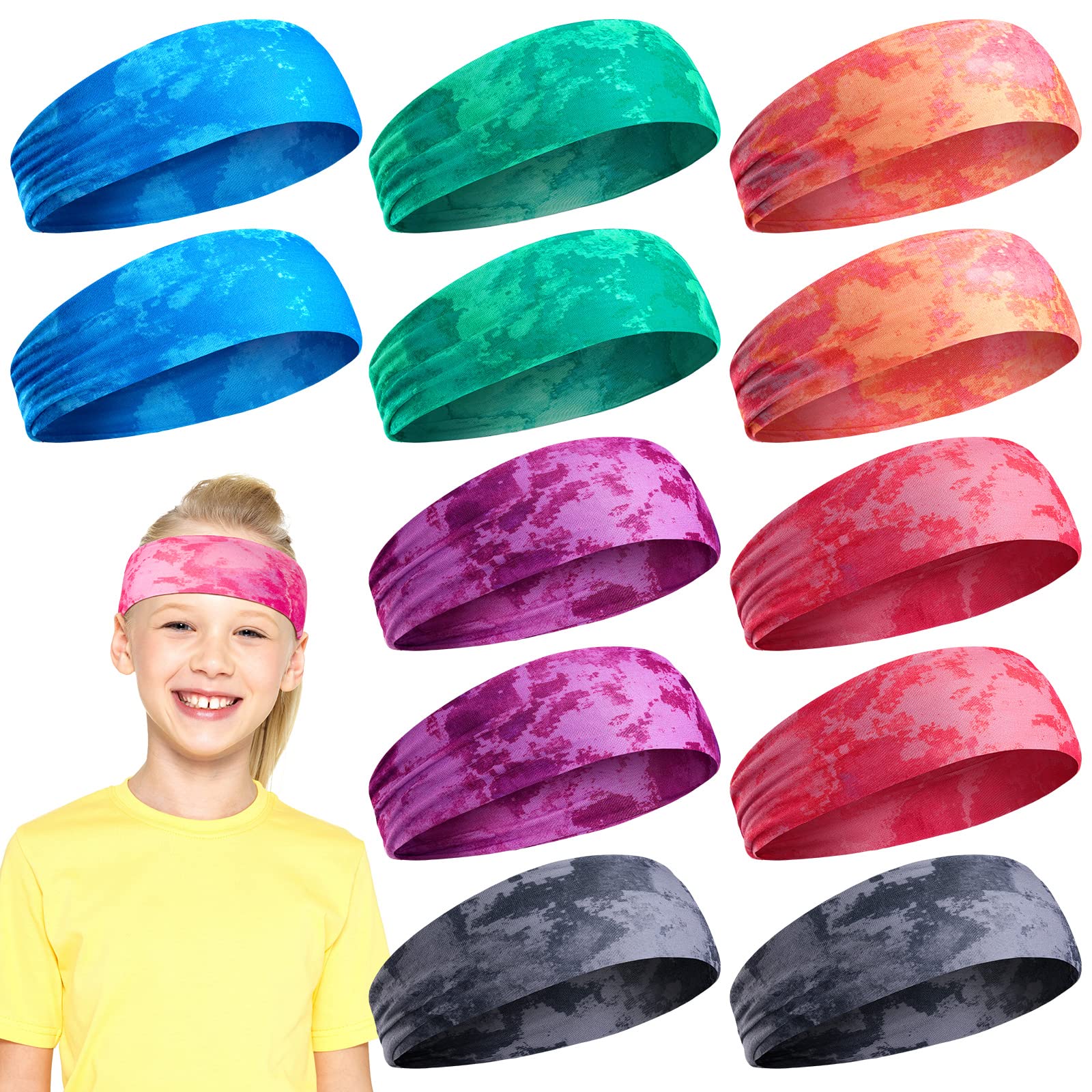 Photo 1 of Jerify 12 Pieces Girls Sports Headbands Athletic Sweatbands Sport Hairbands Elastic Wicking Headband for Youth Kids Boys Girls Children Teenagers(Tie Dye)