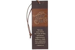 Christian Art Gifts Premium Inspirational Scripture Vegan Leather Bookmark for Men: Man of God Encouraging Bible Verse, Knotted Cord, Gold Text, Sturdy Slim Book Reading Accessory, Light & Dark Brown
