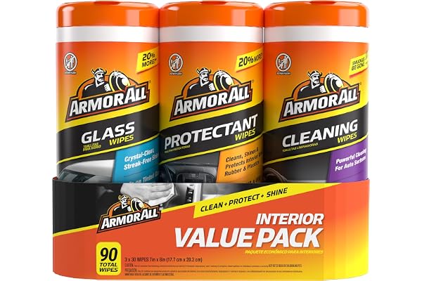 Armor All Protectant, Glass and Cleaning Wipes, Wipes for Car Interior and Car Exterior, 30 Count Each (Pack of 3)