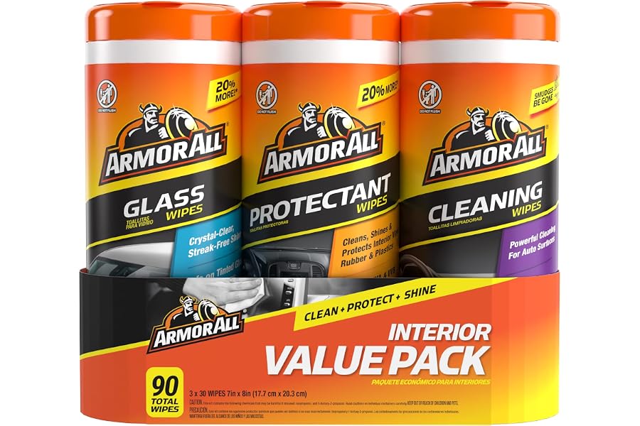 Armor All Car Interior Value Pack, 90 Count, Includes Auto Glass Cleaner, Cleaning Wipes and Protectant Wipes
