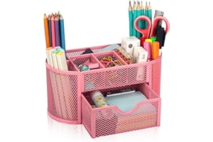 Banshou Desk Organizer Office Accessories,Mesh Desk Office Organizer with Drawer and 8 Compartments 8.66x 4.33x 4.05inch,For Office,Home,School,Classroom,kitchen(Pink)