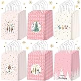 Zhanmai 24 Pcs Pink Christmas Party Favors Gift Goodie Bags with Handles Paper Nutcracker Merry Christmas Tree Candy Treat Bags for Xmas Gifts Wrapping Party Supplies