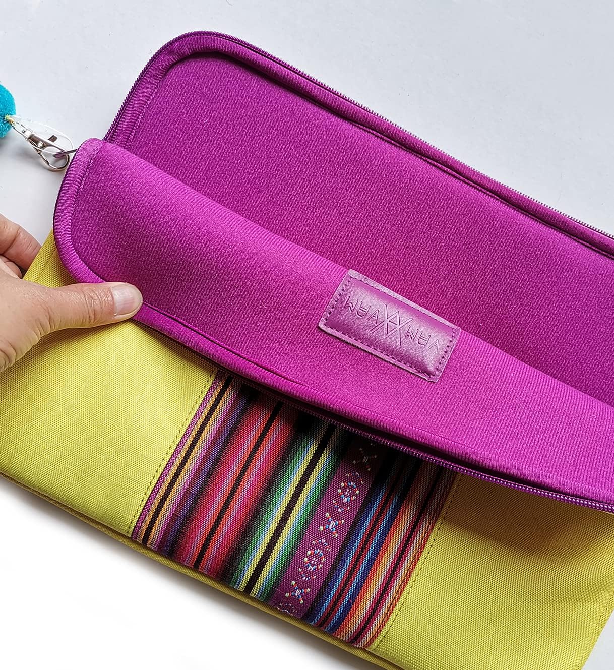 VAMVAM by Wondee Laptop Sleeve Up to 14" Yellow with Ethnic Style Colored Fabric Center Decorative Strip, Padded and Reinforced Zipper - Image 5