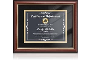Picrit 11x14 Mahogany Diploma Frame with Tempered Glass, Display 8.5x11 Certificate with Black over Gold Mat, Degree Document Frame with Gold Rim for Wall and Tabletop, 1 Pack