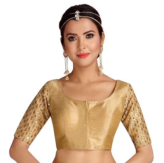 Golden Readymade Saree Blouse With Embroidered Sleeves