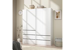 LABROSKIA Modern Wardrobe Closet with 4 Doors: 75" White Armoire with 5 Drawers, Wooden Wardrobe for Hanging Clothes, Tall Storage Cabinet with Shelves and Hanging Rod (A+B, 63")