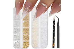HNUIX Nail Art Charms - Metal Silver & Gold Beads, Flat Back Round Rhinestones, Small Nail Pearls, 3D Mixed Sizes Decorations for Nails