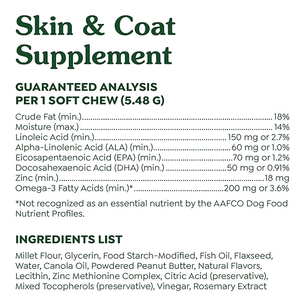 GREENIES SUPPLEMENTS DOG SKIN AND COAT SUPPLEMENTS WITH OMEGA 3 FATTY ACIDS & FISH OIL FOR DOGS, CHICKEN-FREE FORMULA, PEANUT BUTTER FLAVOR, 7.37 OZ, 40 COUNT
