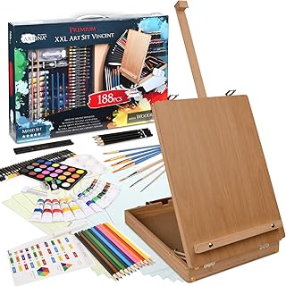 Artina 188 Teile Staffelei Set Vincent - Künstler Malset für Erwachsene und Kinder - inkl. Kofferstaffelei Ölkreiden Aquarellfarben Acrylfarben Kohlestifte Pinsel UVM. XXL Künstlerset Malkoffer